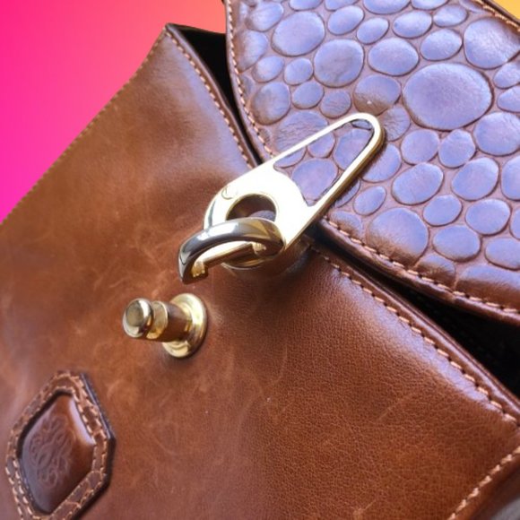 Linea Gani Brown Leather Hard Case Handbag Vintage 70's Crossbody Croc Trim - Picture 14 of 15